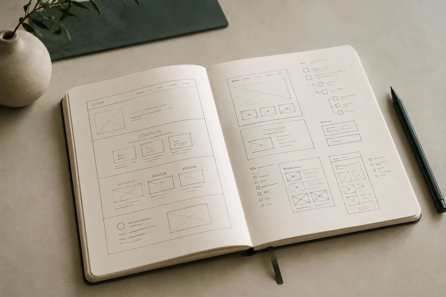 An open notebook filled with hand-drawn page wireframes and connecting arrows.